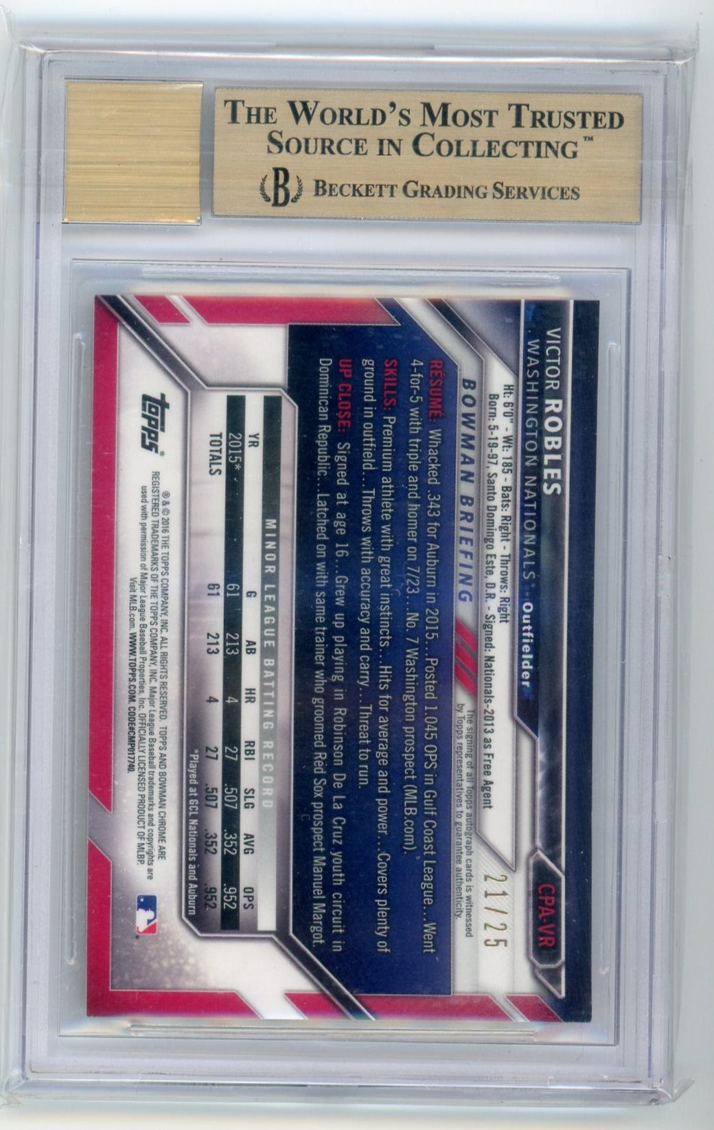 2016 Bowman Chrome 1st Victor Robles /25 ORANGE Auto BGS 9.5/10 Nationals