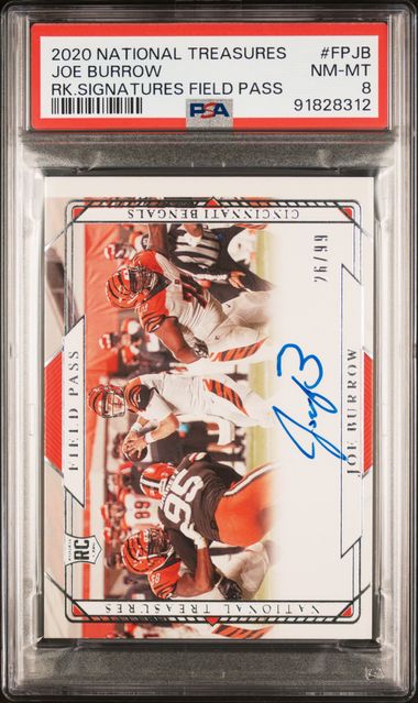 Joe Burrow 2020 Panini National Treasure Rookie Signatures Field Pass #'d 26/99 PSA 8