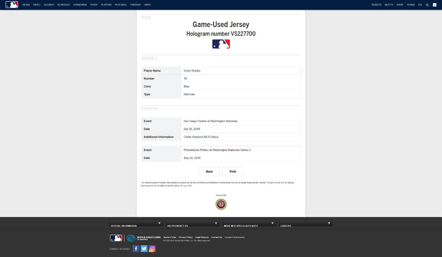 VICTOR ROBLES MLB GAME USED 2019 NATIONALS JERSEY CHAMPIONSHIP SEASON