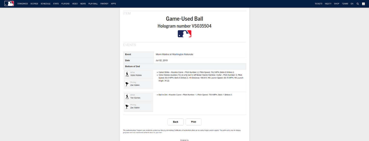 Victor Robles MLB Game Used Double Baseball 7/2/19 Career Double #21 Nationals