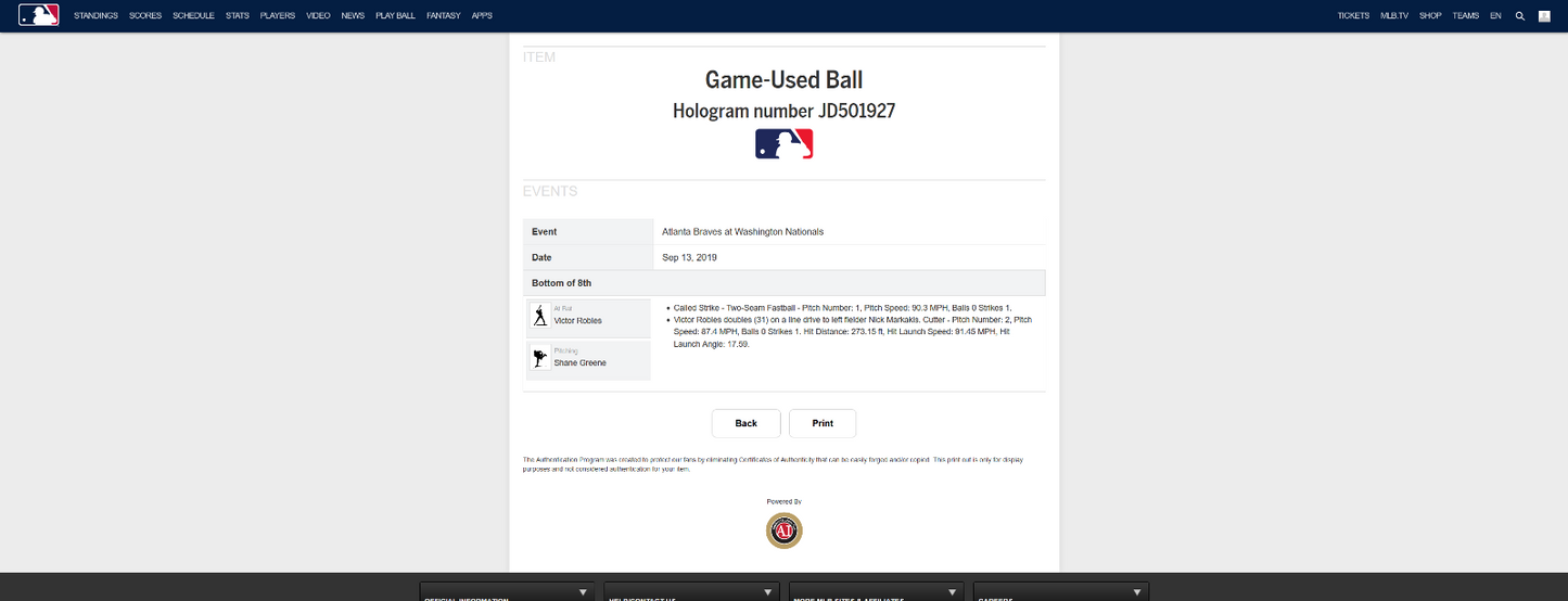 Victor Robles MLB Game Used Double Baseball 9/13/19 Career Double #35 Nationals
