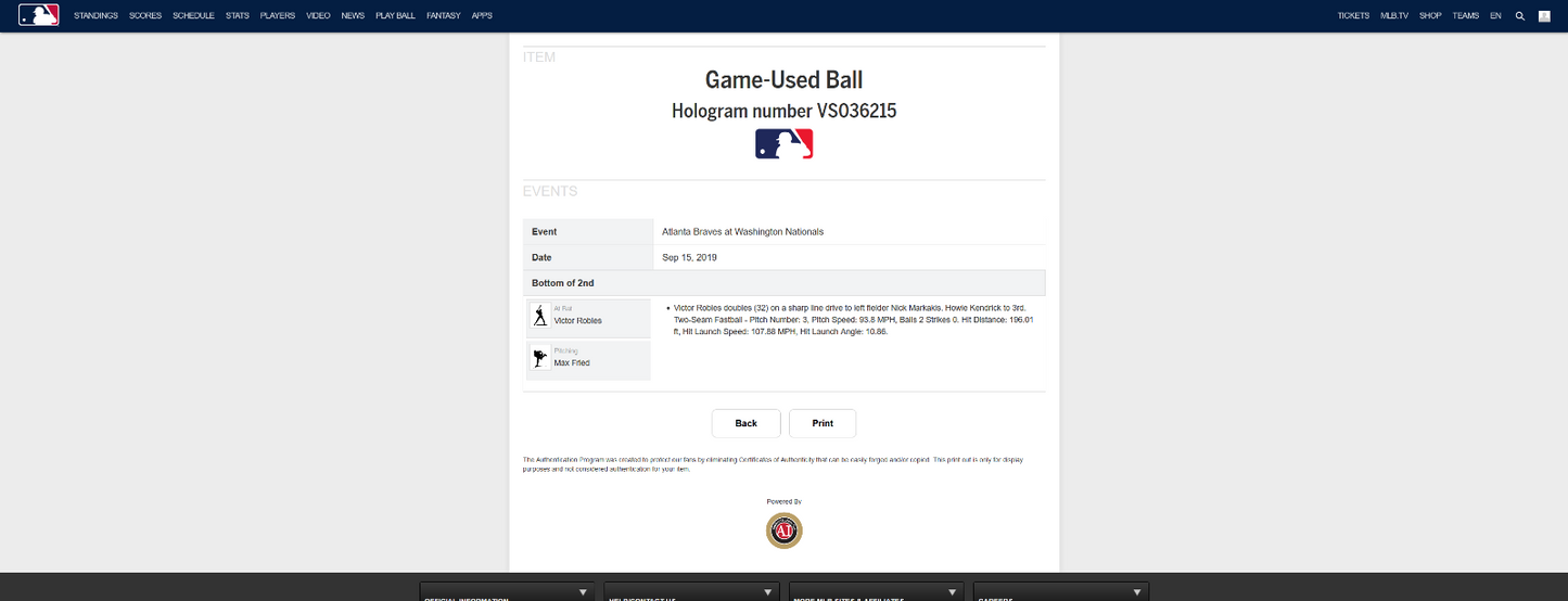 Victor Robles MLB Game Used Double Baseball 9/15/19 Career Double #36 Hit #150