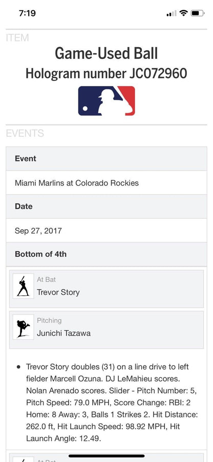 Trevor Story MLB Game Used Double 2 Rbi's Baseball 9/27/17 Marlins vs Rockies