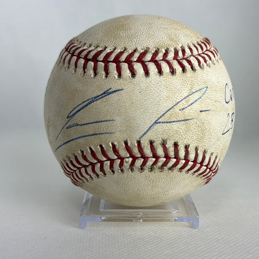 Ronald Acuna Jr. Autographed MLB Game Used Double Career Hit 85 Double 20 08/24/18