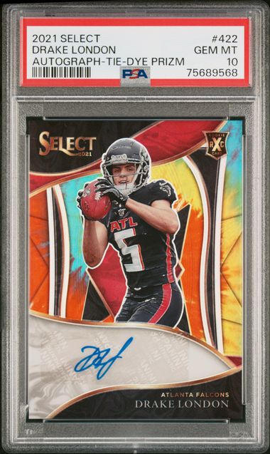 Drake London 2021 Select XRC Tie-Dye Prizm Autograph #'d 10/25 PSA 10 RC