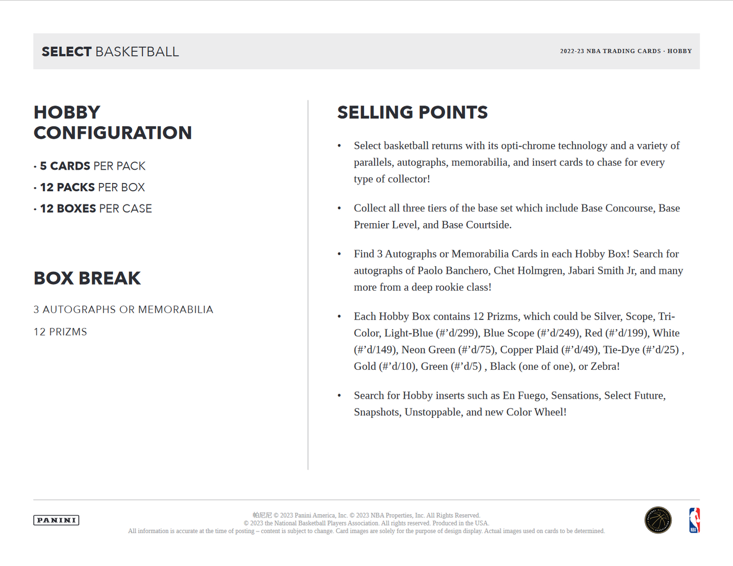 2022-23 Panini Select Basketball Hobby 12 Box Case