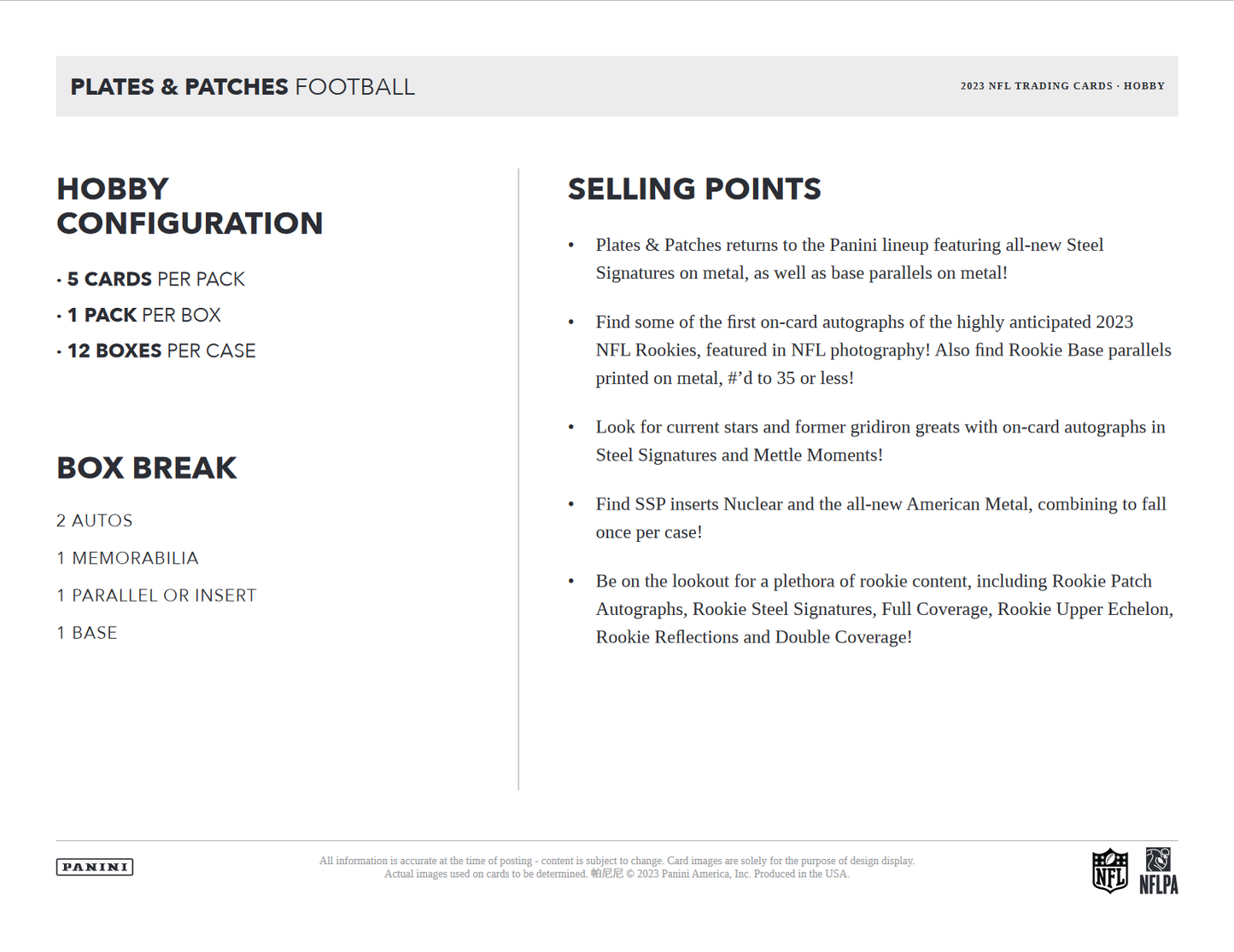 2023 Panini Plates & Patches Football Hobby 12 Box Case