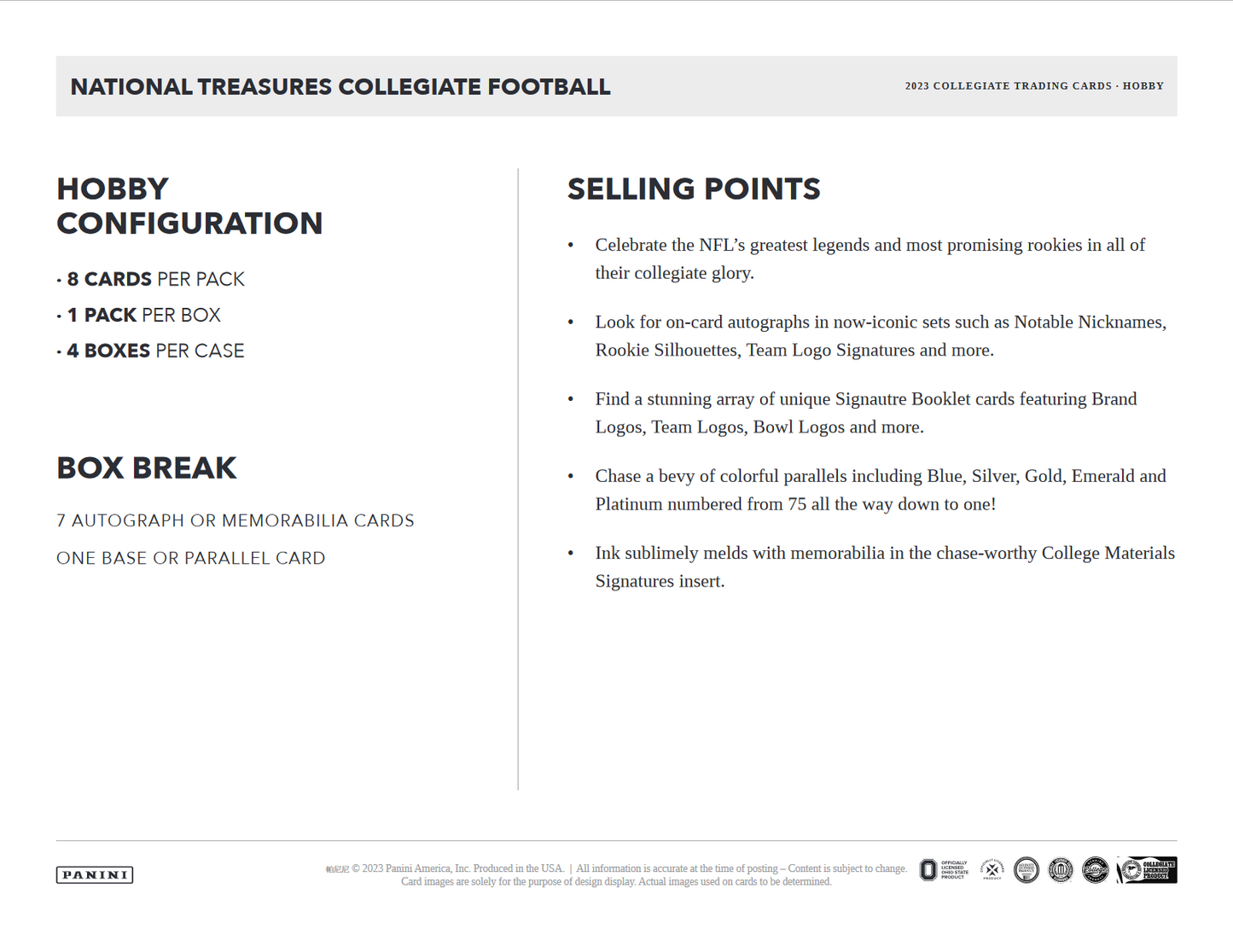 2023 Panini National Treasures Collegiate Football Hobby 4 Box Case