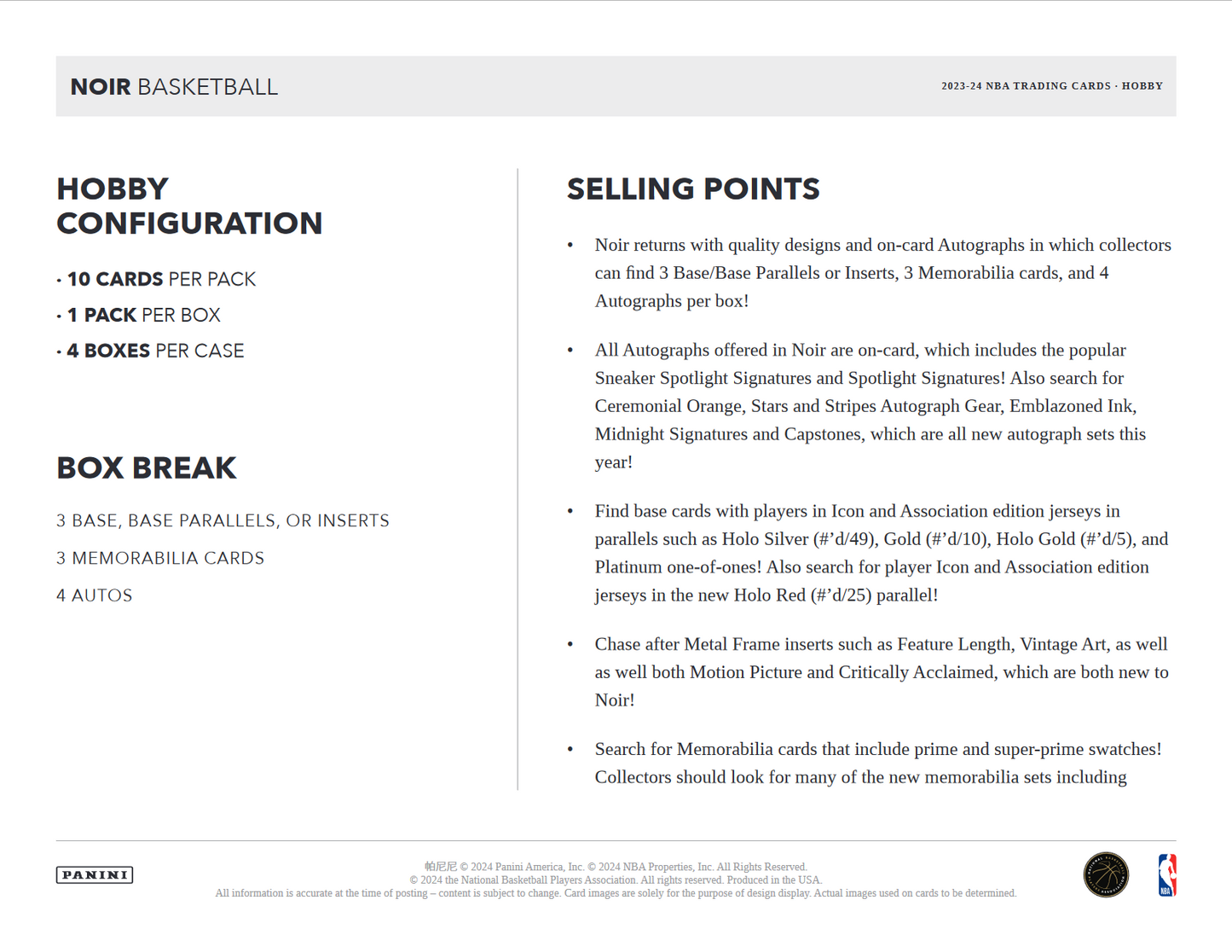 2023-24 Panini Noir Basketball Hobby 4 Box Case