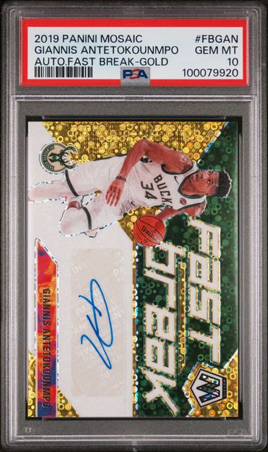 Giannis Antetokounmpo 2019 Panini Mosaic Fast Break autograph gold prizm #'d 05/10 PSA 10