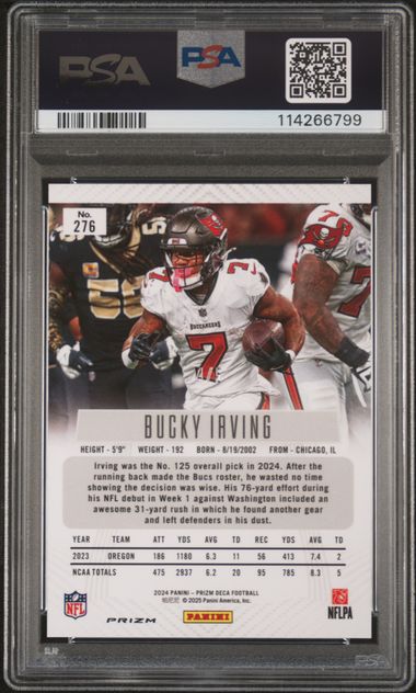 Bucky Irving 2024 Prizm Deca Black Gold Prizm #'d 4/5 PSA 8