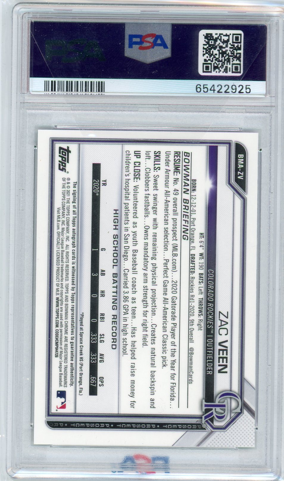 Zac Veen 2021 Bowman Chrome Mojo 1/1 PSA 8 Auto 9