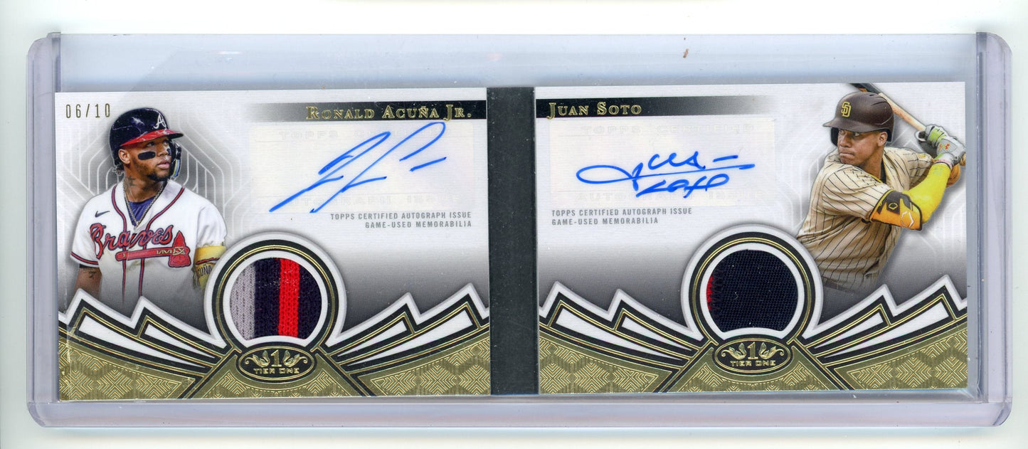 Soto / Acuna Jr. 2023 Topps Tier 1 Dual Autograph Relic Book Card #'d 06/10