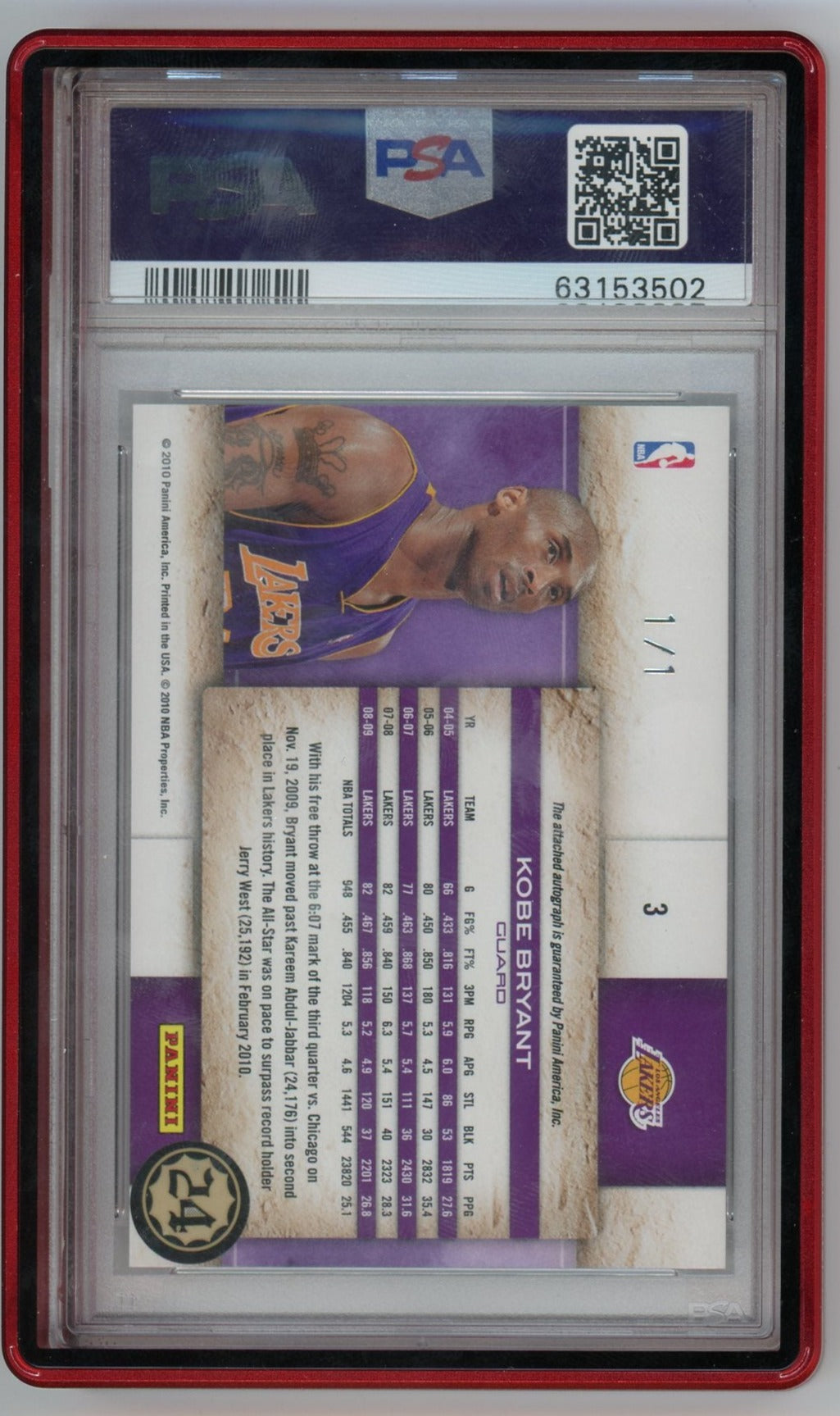 Kobe Bryant 2009-10 Panini Studio Platinum Proof 1/1 Autograph PSA Authentic, PSA 10 Auto