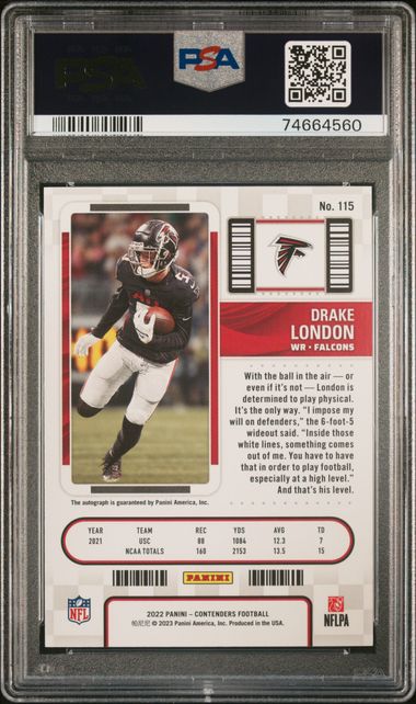Drake London 2022 Contenders Optic Cracked Ice Autograph  #'d 10/22 PSA 10 RC